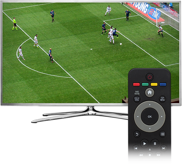 TV with remote showing soccer game